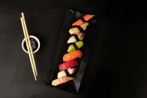 sushi on black square plate jigsaw puzzle