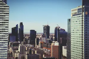 Aerial view of modern skyscrapers in Warsaw, Poland showcasing urban architecture. jigsaw puzzle