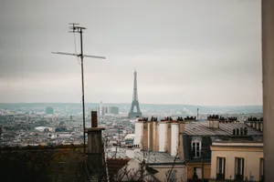 A panoramic view of Paris skyline featuring the Eiffel Tower during winter, showcasing iconic rooftops. jigsaw puzzle