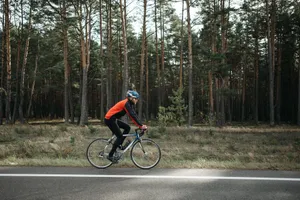A cyclist in vibrant gear rides a road bike through a serene forest setting. jigsaw puzzle