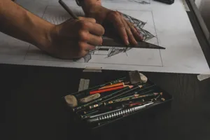 Hands working on a detailed sketch with pencils and erasers, showcasing artistic focus. jigsaw puzzle