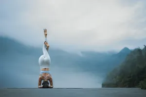 A person doing a handstand on a road jigsaw puzzle
