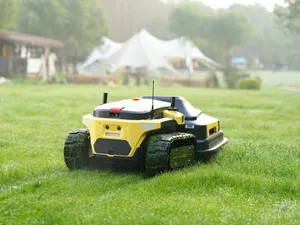 Robot lawnmower cuts grass in a backyard. jigsaw puzzle