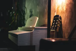 a guitar sitting on top of a table next to a toilet jigsaw puzzle