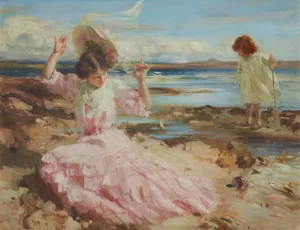 Woman in pink dress on beach with child jigsaw puzzle