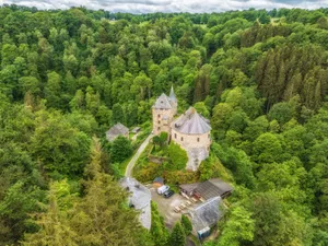 Stunning aerial shot of a historic castle surrounded by lush green forest and pathways. jigsaw puzzle