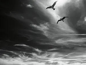 grayscale photo of birds flying under cloudy sky jigsaw puzzle