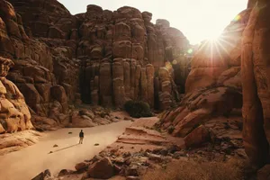 a person standing in a canyon surrounded by rocks jigsaw puzzle