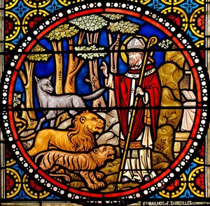 Vibrant stained glass window showcasing a saint with animals in a church setting. jigsaw puzzle