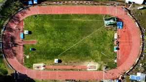 Drone shot of an athletics stadium with red tracks and green field in Mar del Plata, Argentina. jigsaw puzzle