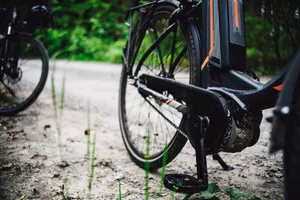 Detailed view of a mountain bike on a gravel path through lush forest foliage. jigsaw puzzle