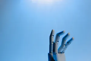 Robotic hand with articulated fingers reaching towards the sky on a blue background. jigsaw puzzle