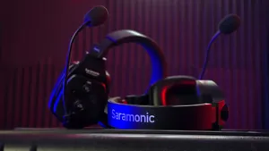 Close-up of a professional Saramonic headset with dual microphones in a studio setting. jigsaw puzzle