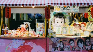 Vibrant market stall showcasing cartoon portraits and handmade crafts, attracting art lovers. jigsaw puzzle