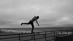 man standing on metal railing overlooking beach shoreline under gray cloudy skies at daytime jigsaw puzzle