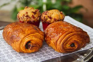 Freshly baked pastries including croissants and muffins from a León bakery. jigsaw puzzle