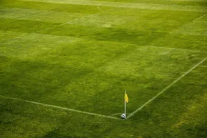 A vibrant green soccer field corner with a yellow flag and soccer ball, perfect for sports themes. jigsaw puzzle