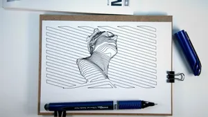 A modern line art drawing on a clipboard showcasing creative design and sketching tools. jigsaw puzzle