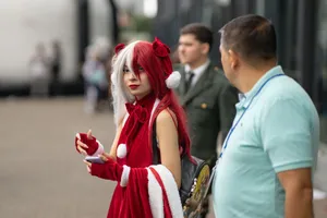 Cosplayer in striking red and white outfit at an outdoor anime event in Costa Rica. jigsaw puzzle