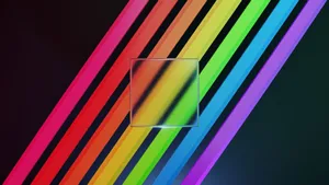 A modern digital art piece featuring vibrant multi-colored diagonal stripes and a transparent square. jigsaw puzzle