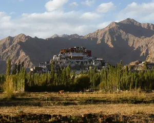 Monastery nestled in mountains with trees and field. jigsaw puzzle