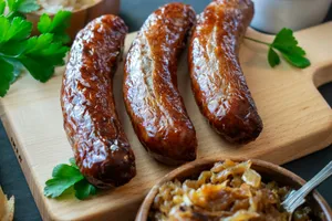 a wooden cutting board topped with four sausages jigsaw puzzle