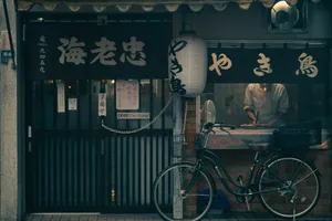 Bicycle parked outside a japanese restaurant at night. jigsaw puzzle