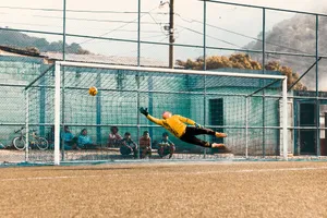 man jump about to hold ball near net jigsaw puzzle