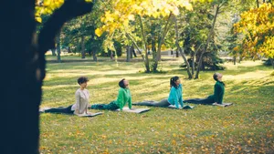 People doing yoga in a park during autumn. jigsaw puzzle