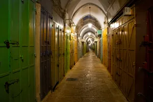 a long narrow hallway with green doors leading to another room jigsaw puzzle