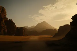 Desert canyon landscape with mountains at sunset jigsaw puzzle