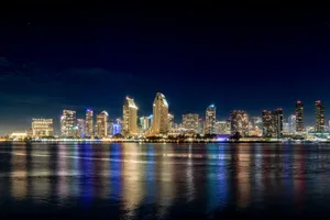 A view of a city at night from across the water jigsaw puzzle