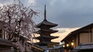 Pagoda and cherry blossoms in kyoto, japan jigsaw puzzle