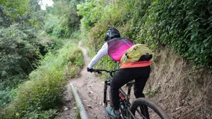A person rides a mountain bike on a dirt path. jigsaw puzzle