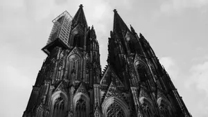 a black and white photo of a large cathedral jigsaw puzzle