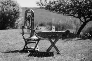 a table with a trumpet and a glass on it jigsaw puzzle