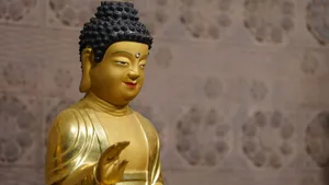 A serene golden Buddha statue inside a temple in Seoul, South Korea. jigsaw puzzle