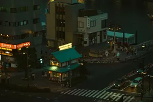 Aerial view of a bustling Tokyo street at night, showcasing neon-lit buildings and urban life. jigsaw puzzle