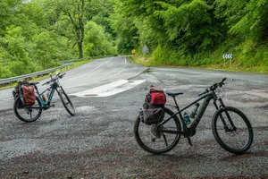 Two bicycles parked on a forest road, surrounded by lush greenery, ideal for travel and adventure enthusiasts. jigsaw puzzle