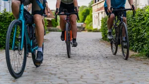 Group of cyclists riding on a cobblestone street surrounded by greenery on a sunny day. jigsaw puzzle