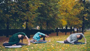 Three people practicing yoga in a park during fall surrounded by trees. jigsaw puzzle