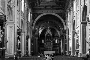 Stunning black and white capture of a grand Roman church interior with intricate decor. jigsaw puzzle
