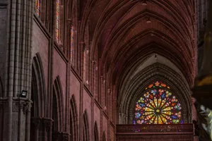 Neo-gothic cathedral interior in Quito with colorful stained glass window. jigsaw puzzle