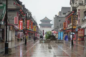 Explore a traditional Chinese street lined with pagodas and reflections on a rainy day. jigsaw puzzle