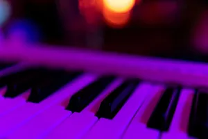 A focused close-up of piano keys with vibrant pink and purple lighting, creating a moody atmosphere. jigsaw puzzle