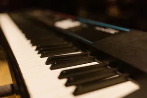 Detailed close-up of piano keys on an electronic keyboard. Perfect for music-related content. jigsaw puzzle