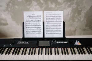 An electronic keyboard with sheet music displayed, ideal for modern music practice. jigsaw puzzle