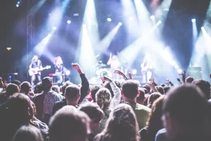 Energetic concert scene with a vibrant audience and band performing under bright lights. jigsaw puzzle