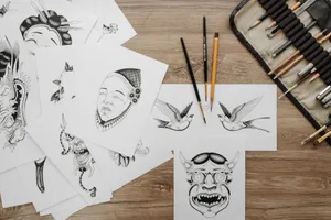 Flat lay of intricate tattoo sketches and drawing tools on wooden table. jigsaw puzzle