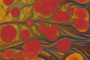 Colorful abstract marbled pattern featuring vibrant red and yellow hues with swirling shapes. jigsaw puzzle